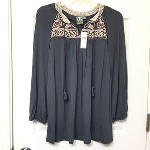 Anthropologie | Gray Floral Embroidered Blouse S